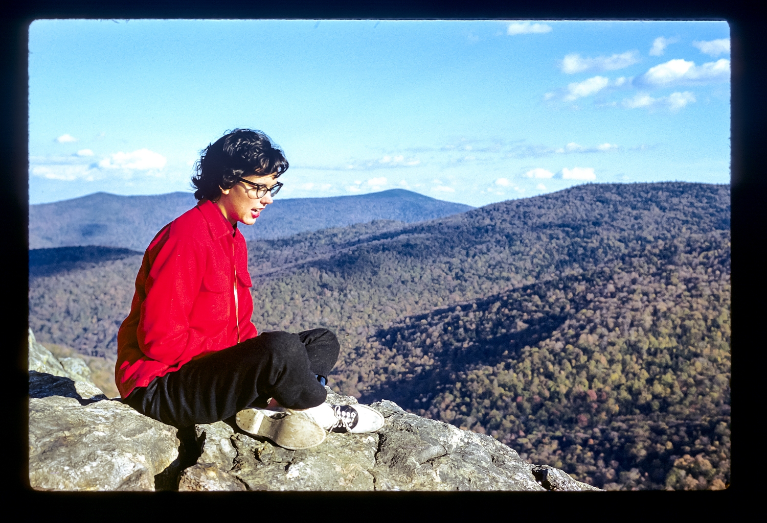 Dorothy atop a mountain on the Long Trail, Vermont, 1960